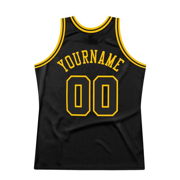 Black Black-Gold Authentic Throwback Personalized Basketball Jersey - Image 6