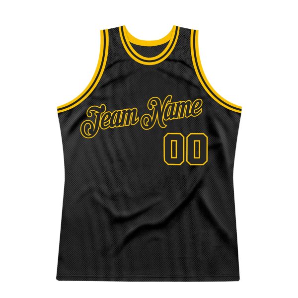 Black Black-Gold Authentic Throwback Personalized Basketball Jersey - Image 7