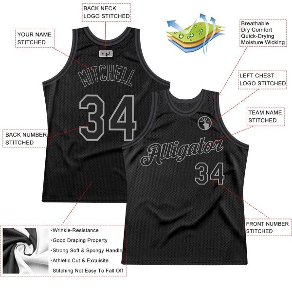 Black Black-Gray Authentic Throwback Personalized Basketball Jersey - Image 2