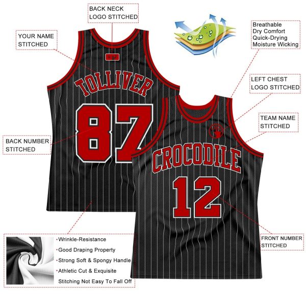 Black White Pinstripe Red-White Authentic Personalized Basketball Jersey - Image 2
