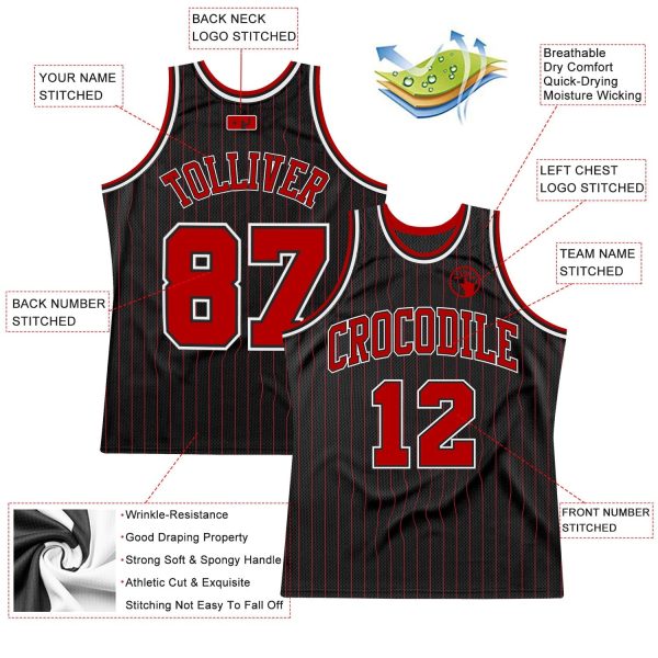 Black Red Pinstripe Red-White Authentic Personalized Basketball Jersey - Image 2