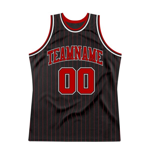 Black Red Pinstripe Red-White Authentic Personalized Basketball Jersey - Image 5