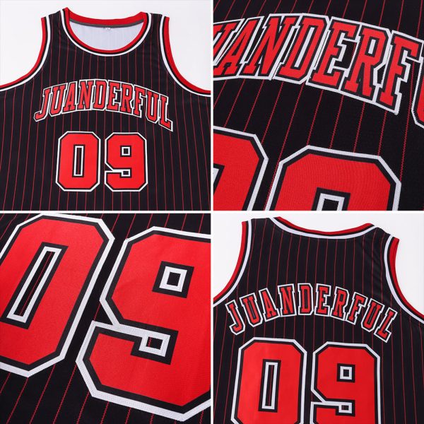 Black Red Pinstripe Red-White Authentic Personalized Basketball Jersey - Image 7