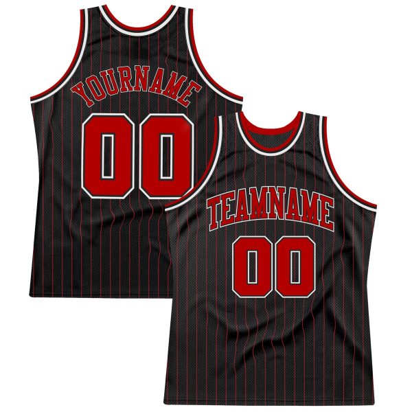 Black Red Pinstripe Red-White Authentic Personalized Basketball Jersey