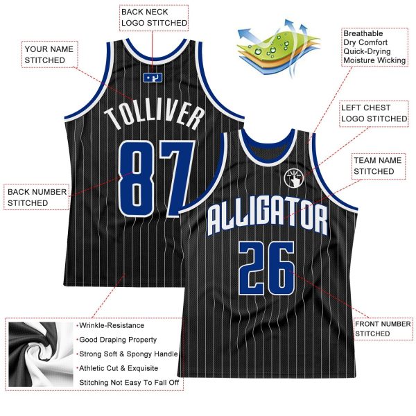 Black White Pinstripe Royal-White Authentic Personalized Basketball Jersey - Image 2
