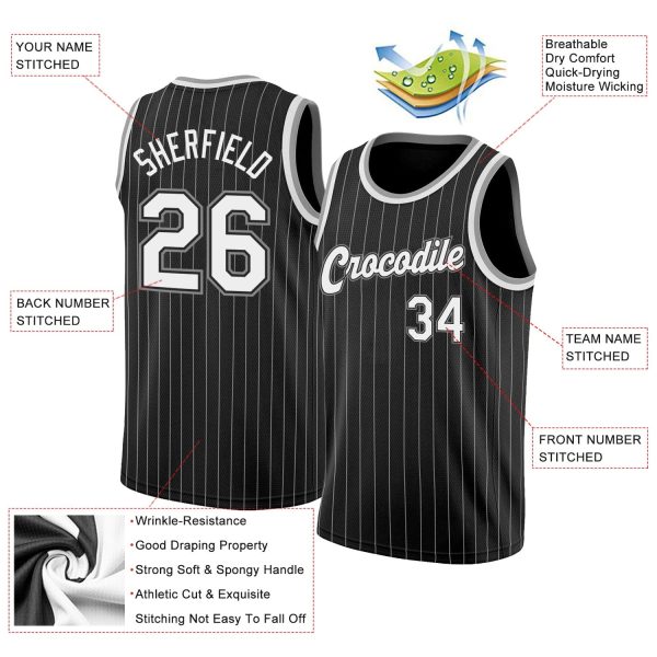 Black White Pinstripe White-Gray Authentic Personalized Basketball Jersey - Image 2
