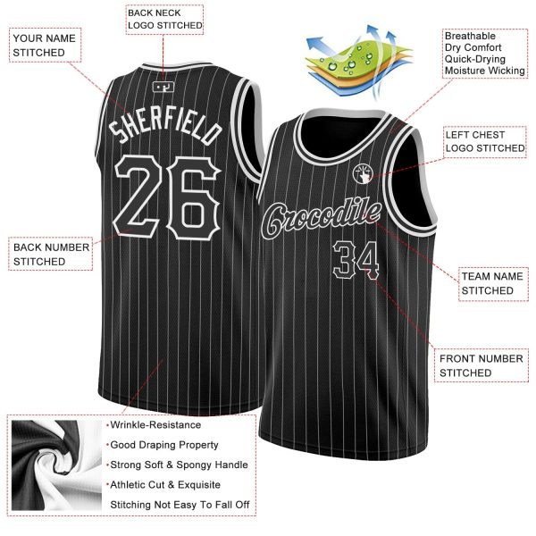 Black White Pinstripe Black-White Authentic Personalized Basketball Jersey - Image 2