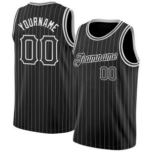 Black White Pinstripe Black-White Authentic Personalized Basketball Jersey