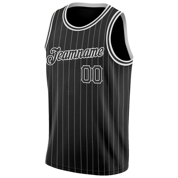 Black White Pinstripe Black-White Authentic Personalized Basketball Jersey - Image 5