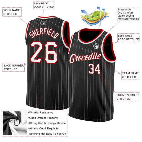Black White Pinstripe White-Red Authentic Personalized Basketball Jersey - Image 2