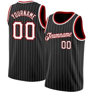 Black White Pinstripe White-Red Authentic Personalized Basketball Jersey
