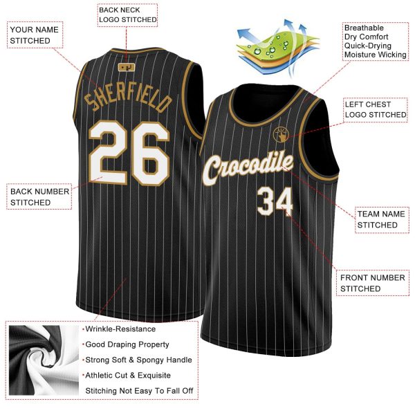 Black White Pinstripe White-Old Gold Authentic Personalized Basketball Jersey - Image 2