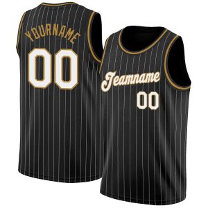 Black White Pinstripe White-Old Gold Authentic Personalized Basketball Jersey