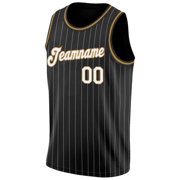 Black White Pinstripe White-Old Gold Authentic Personalized Basketball Jersey - Image 5
