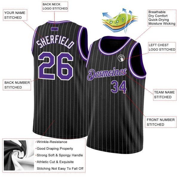 Black White Pinstripe Purple-White Authentic Personalized Basketball Jersey - Image 2