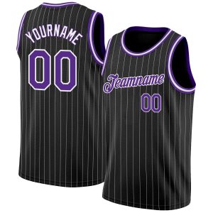 Black White Pinstripe Purple-White Authentic Personalized Basketball Jersey