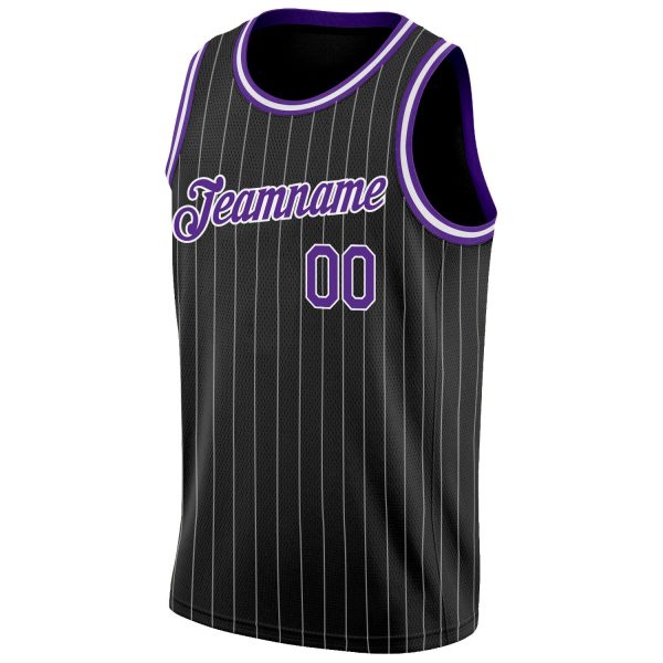 Black White Pinstripe Purple-White Authentic Personalized Basketball Jersey - Image 5