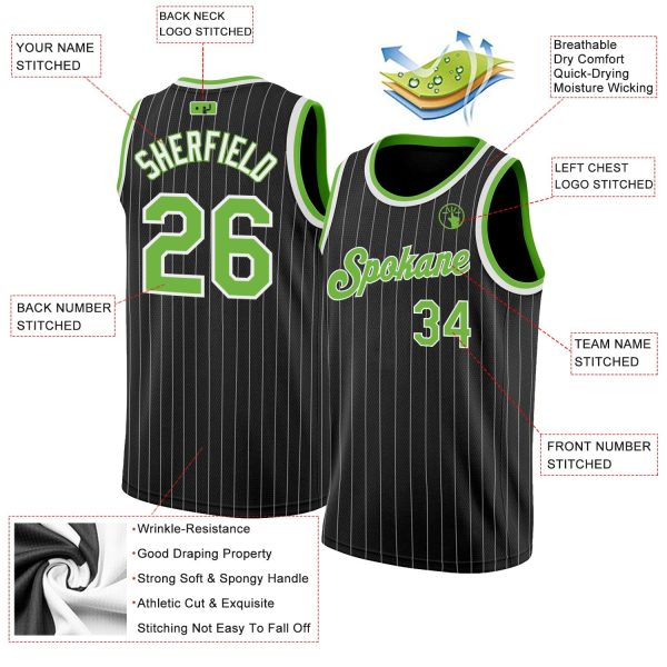 Black White Pinstripe Neon Green-White Authentic Personalized Basketball Jersey - Image 2