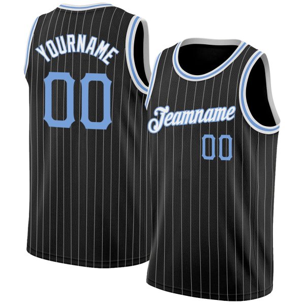 Black White Pinstripe Light Blue-White Authentic Personalized Basketball Jersey