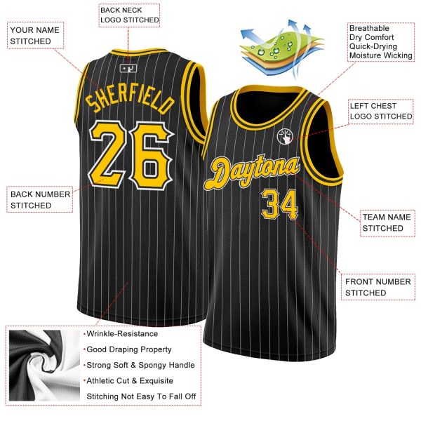 Black White Pinstripe Gold-White Authentic Personalized Basketball Jersey - Image 2