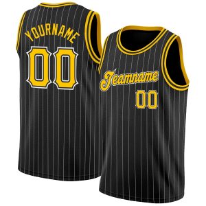 Black White Pinstripe Gold-White Authentic Personalized Basketball Jersey