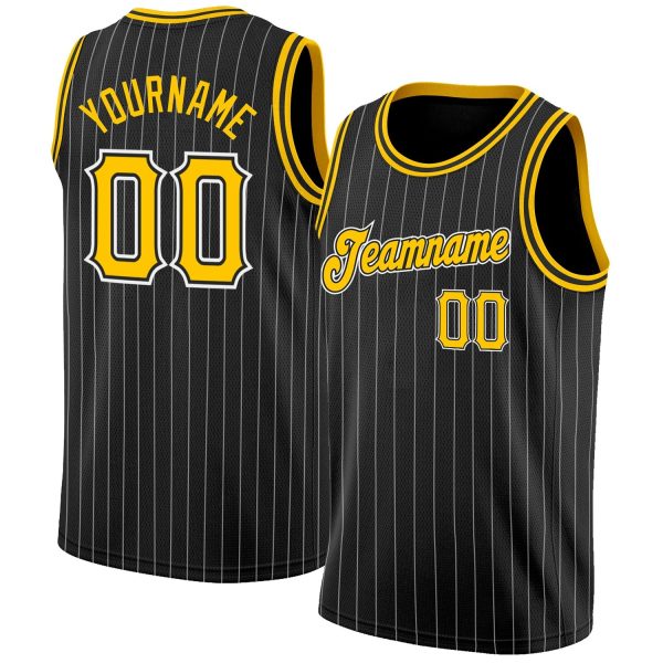 Black White Pinstripe Gold-White Authentic Personalized Basketball Jersey