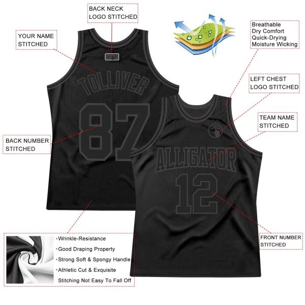 Black Black-Steel Gray Authentic Throwback Personalized Basketball Jersey - Image 2