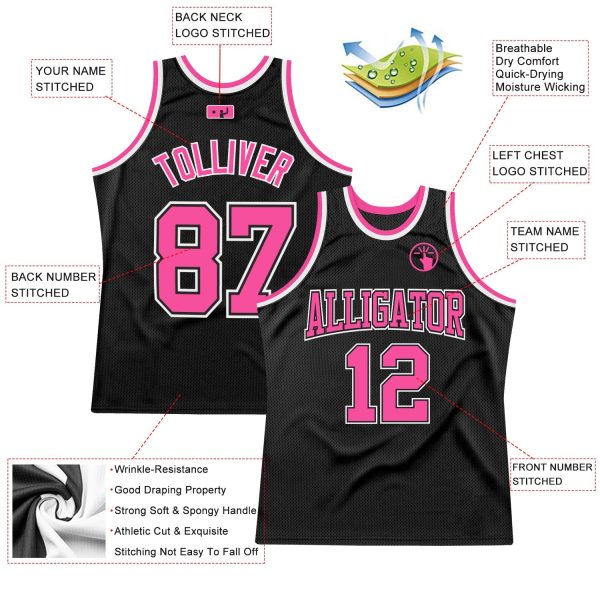 Black Pink-White Authentic Throwback Personalized Basketball Jersey - Image 2
