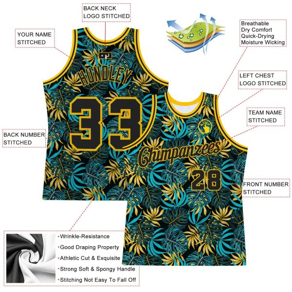 Black Black-Gold 3D Pattern Tropical Hawaii Plants Authentic Personalized Basketball Jersey - Image 3