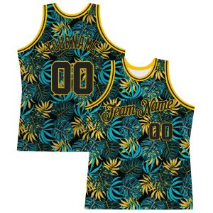 Black Black-Gold 3D Pattern Tropical Hawaii Plants Authentic Personalized Basketball Jersey