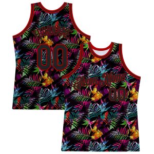 Black Black-Red 3D Pattern Tropical Hawaii Palm Leaves Authentic Basketball Jersey