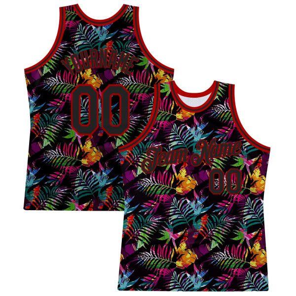 Black Black-Red 3D Pattern Tropical Hawaii Palm Leaves Authentic Basketball Jersey