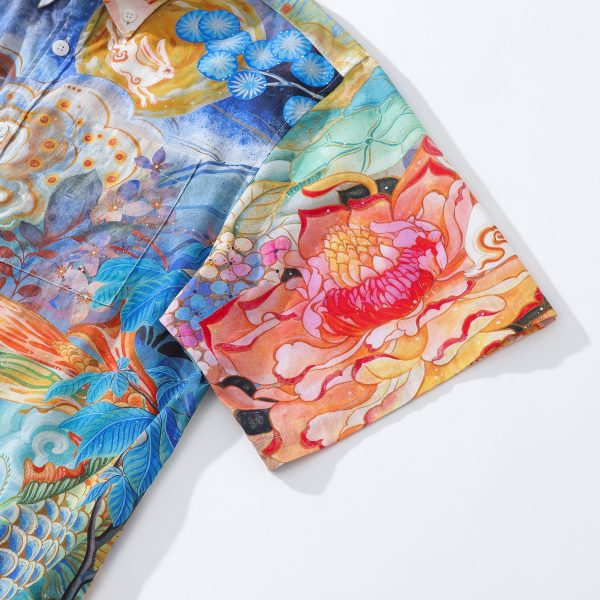 Men's Designer Hawaiian Shirt - Cloud-Wandering Koi Print Blue Button-Down Short Sleeve Aloha Shirt for Casual Beach, Travel and Vacation Wear - Image 3