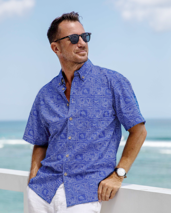 Hawaiian Shirt for Men with Ocean Life Print - Yiume Bluey Short Sleeve Aloha Shirt for Casual Beach and Travel Wear