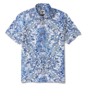 Hawaiian Shirt for Men - Short Sleeve Button-Down Aloha Shirt with Blue Floral Whisper Design