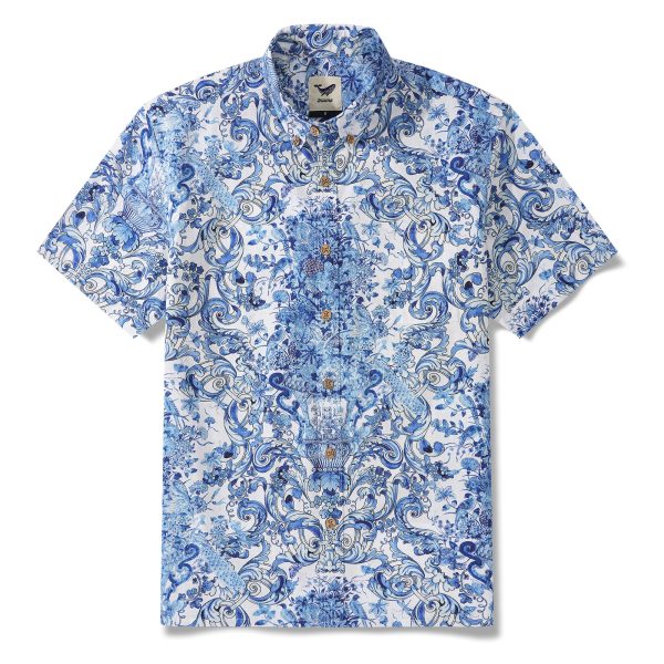 Hawaiian Shirt for Men - Short Sleeve Button-Down Aloha Shirt with Blue Floral Whisper Design