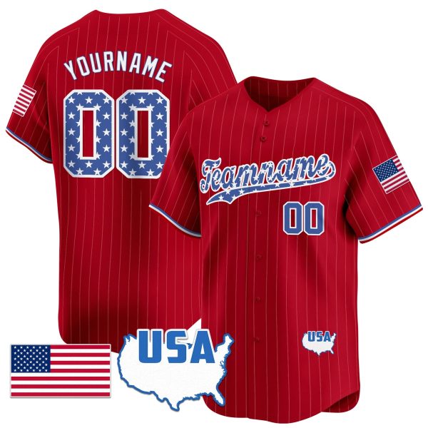 Red Royal - White Pinstripe Star Pattern Personalized Baseball Jersey