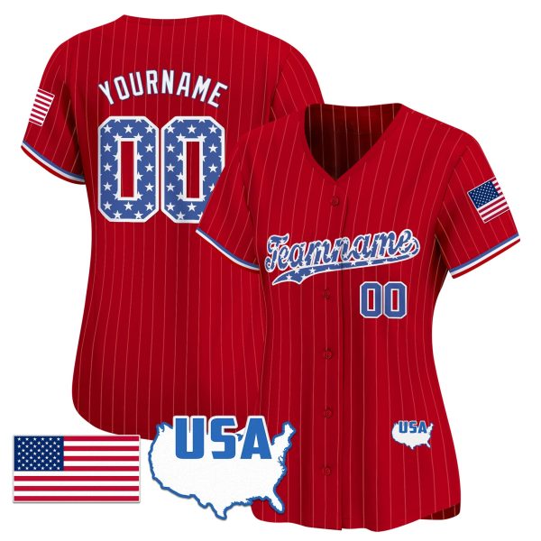 Red Royal - White Pinstripe Star Pattern Personalized Baseball Jersey - Image 2