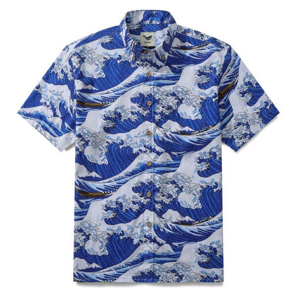 The Great Wave Hawaiian Shirt for Men - Blue Short Sleeve Button-Down Aloha Shirt for Casual Beach, Travel and Vacation Wear - Image 2