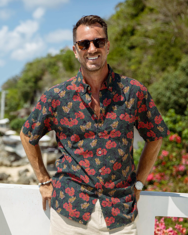 Valentine's Day Hawaiian Shirt for Men - Serenity in Bloom Print by Mahhima Bansal Button-Down Short Sleeve Aloha Shirt for Casual Beach, Travel and Vacation Wear