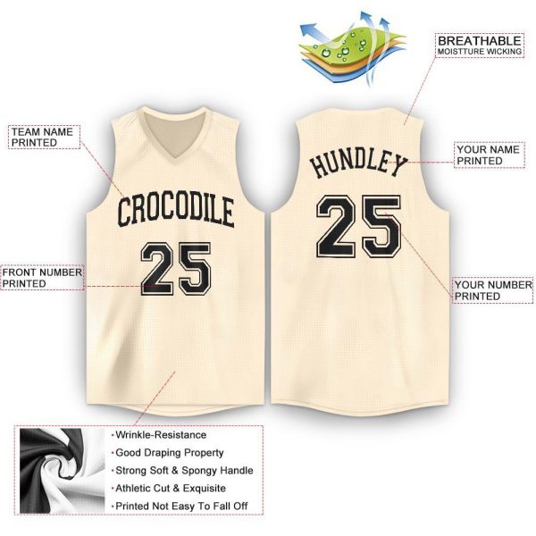 Cream Black V-Neck Personalized Basketball Jersey - Image 2