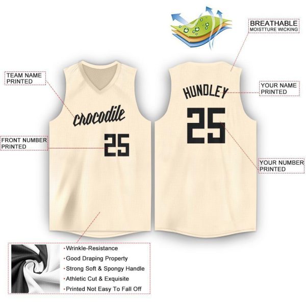 Cream Black V-Neck Personalized Basketball Jersey - Image 2