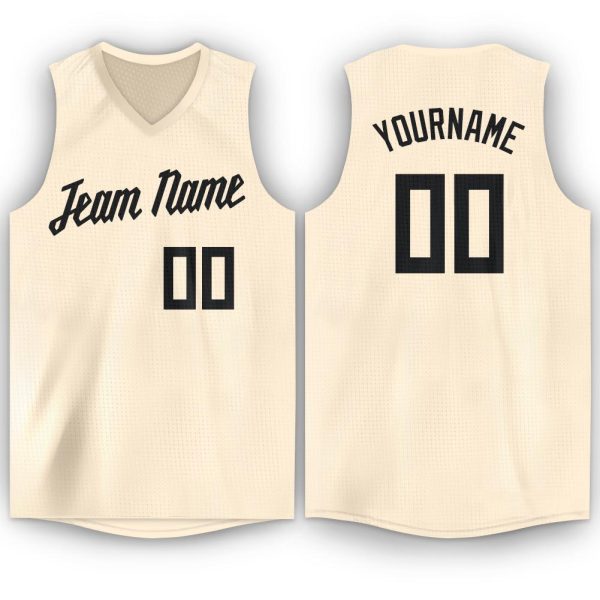 Cream Black V-Neck Personalized Basketball Jersey