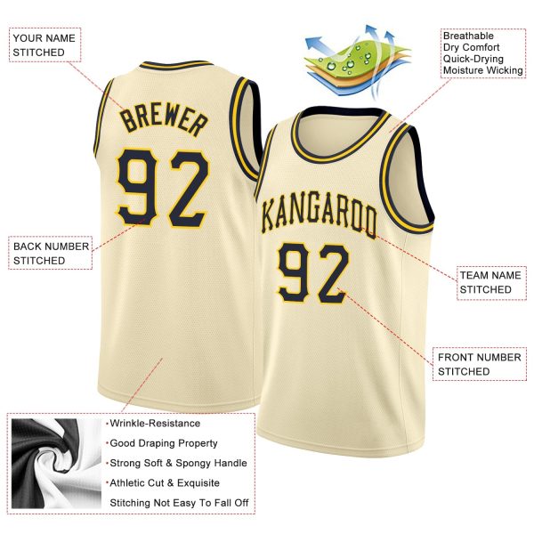 Cream Navy-Gold Round Neck Rib-Knit Personalized Basketball Jersey - Image 2