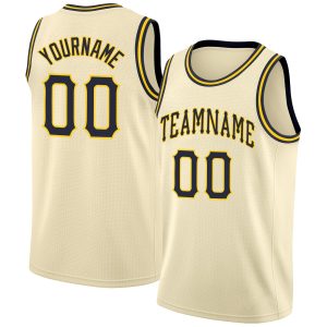 Cream Navy-Gold Round Neck Rib-Knit Personalized Basketball Jersey