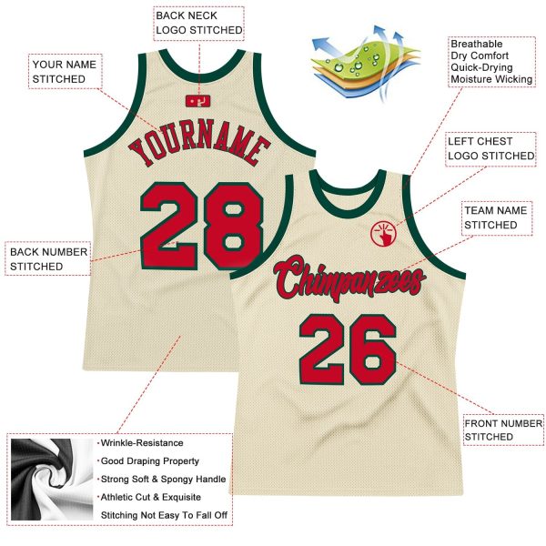 Cream Red-Hunter Green Authentic Throwback Personalized Basketball Jersey - Image 2
