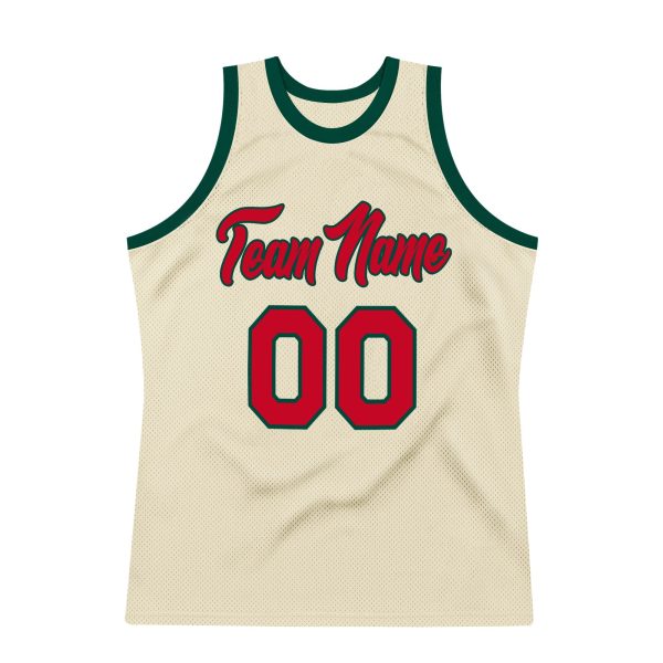 Cream Red-Hunter Green Authentic Throwback Personalized Basketball Jersey - Image 7