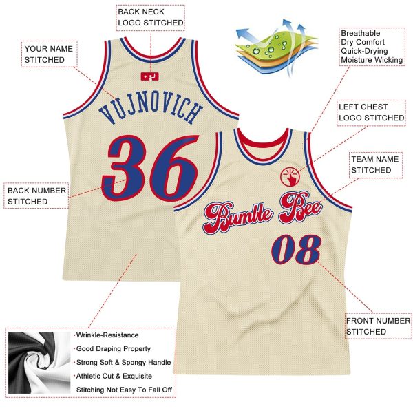 Cream Royal-Red Authentic Throwback Personalized Basketball Jersey - Image 2