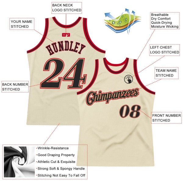 Cream Black-Red Authentic Throwback Personalized Basketball Jersey - Image 2