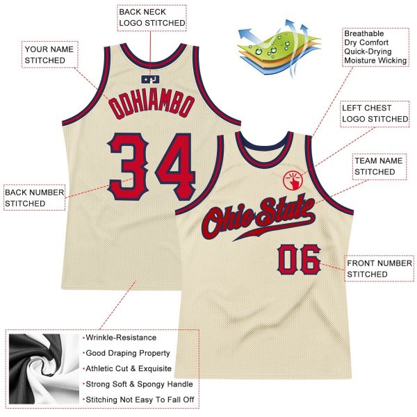 Cream Red-Navy Authentic Throwback Personalized Basketball Jersey - Image 2